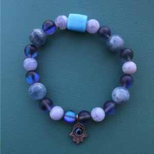 Blue and Silver Beaded Bracelet with Hamsa Charm
